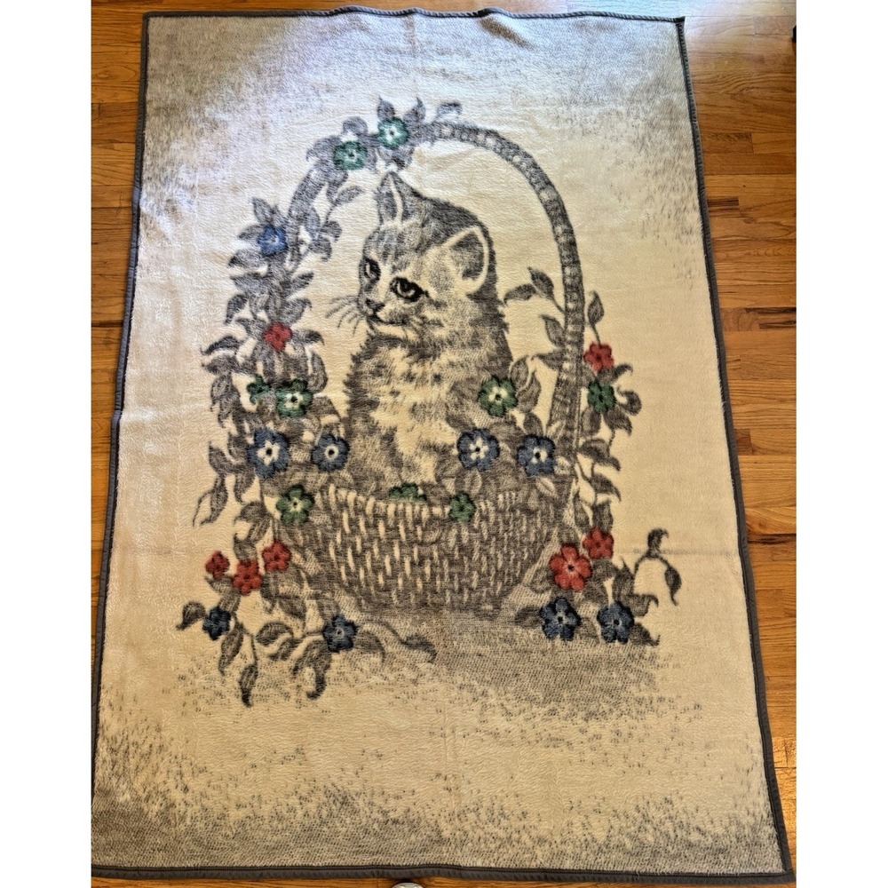 Vintage Kitten Cat Blanket Soft Plush Floral Throwâ Cottagecore 77x52 RARE